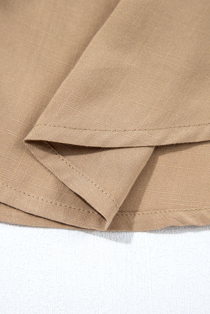 Light French Beige Waffle Patchwork Button Up Frayed Hem Shirt