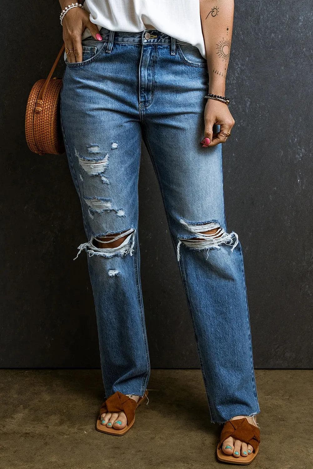 Bottoms/Jeans Light Blue Distressed Holes Raw Edge Straight Jeans