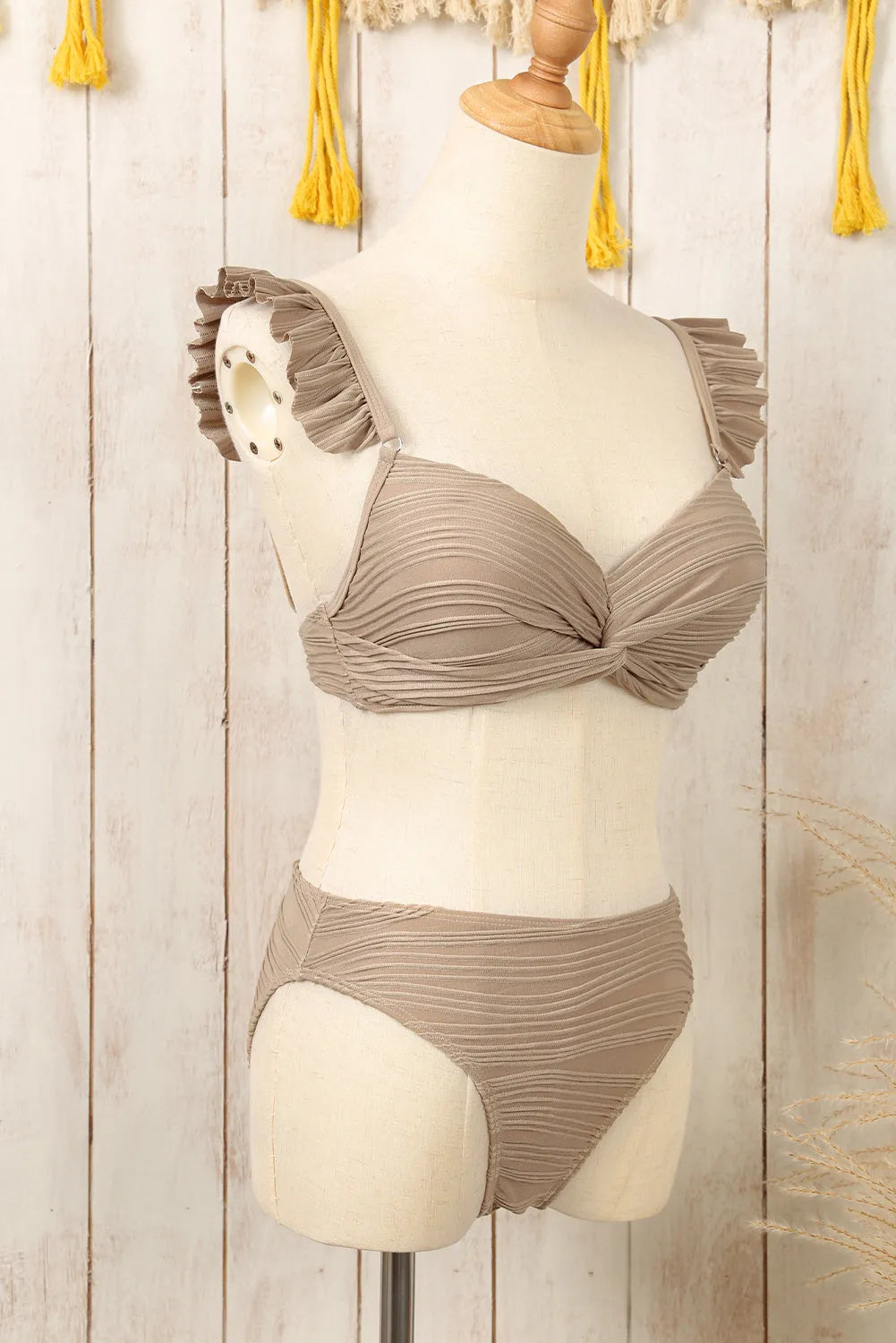 Pale Khaki Wavy Textured Ruffled Straps Twist Bikini Swimsuit - Chic Meadow Boutique 