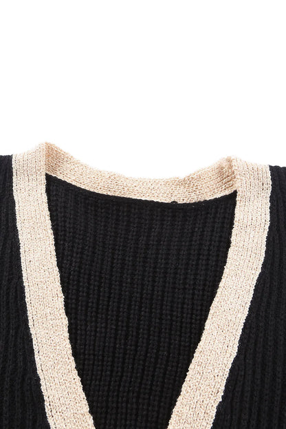 Black Contrast Trim Open Front Lantern Sleeves Cardigan - Chic Meadow Boutique 