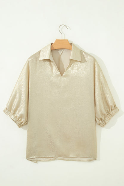 Casual Collared V Neck Half Sleeve Metallic Top