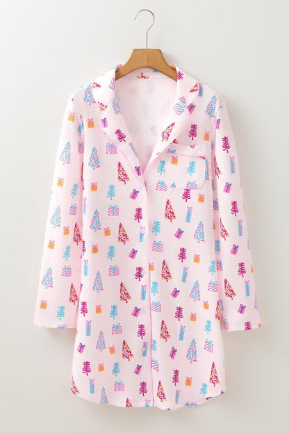 Loungewear & Sleepwear/Sleepwear Pink Christmas Twinkle Tree Print Shirt Sleep Dress