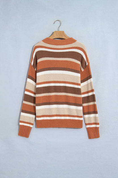 Orange Stripe Dropped Shoulder Loose Pullover Sweater