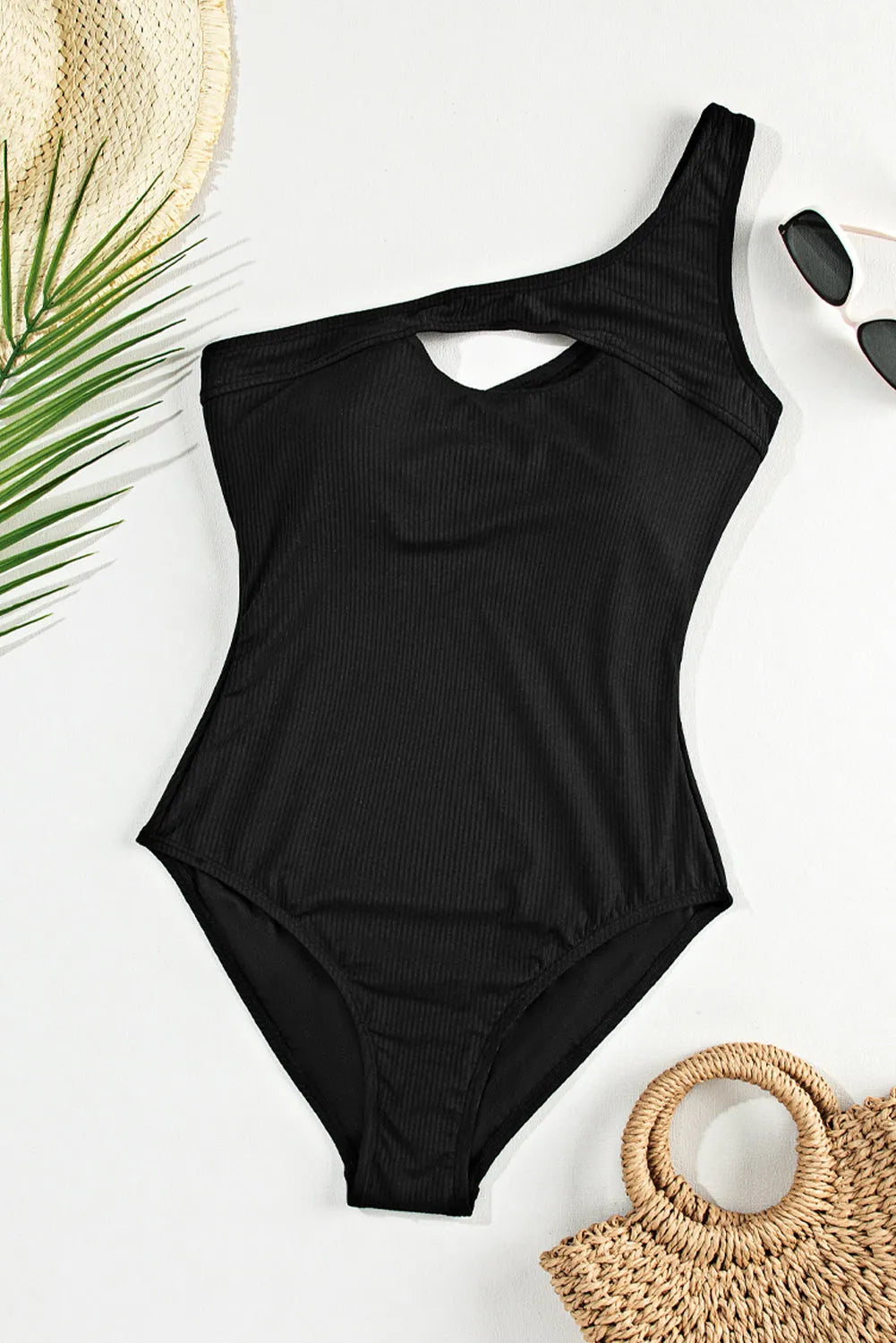 Black Ribbed One Shoulder Hollowed One Piece Swimsuit - Chic Meadow Boutique 