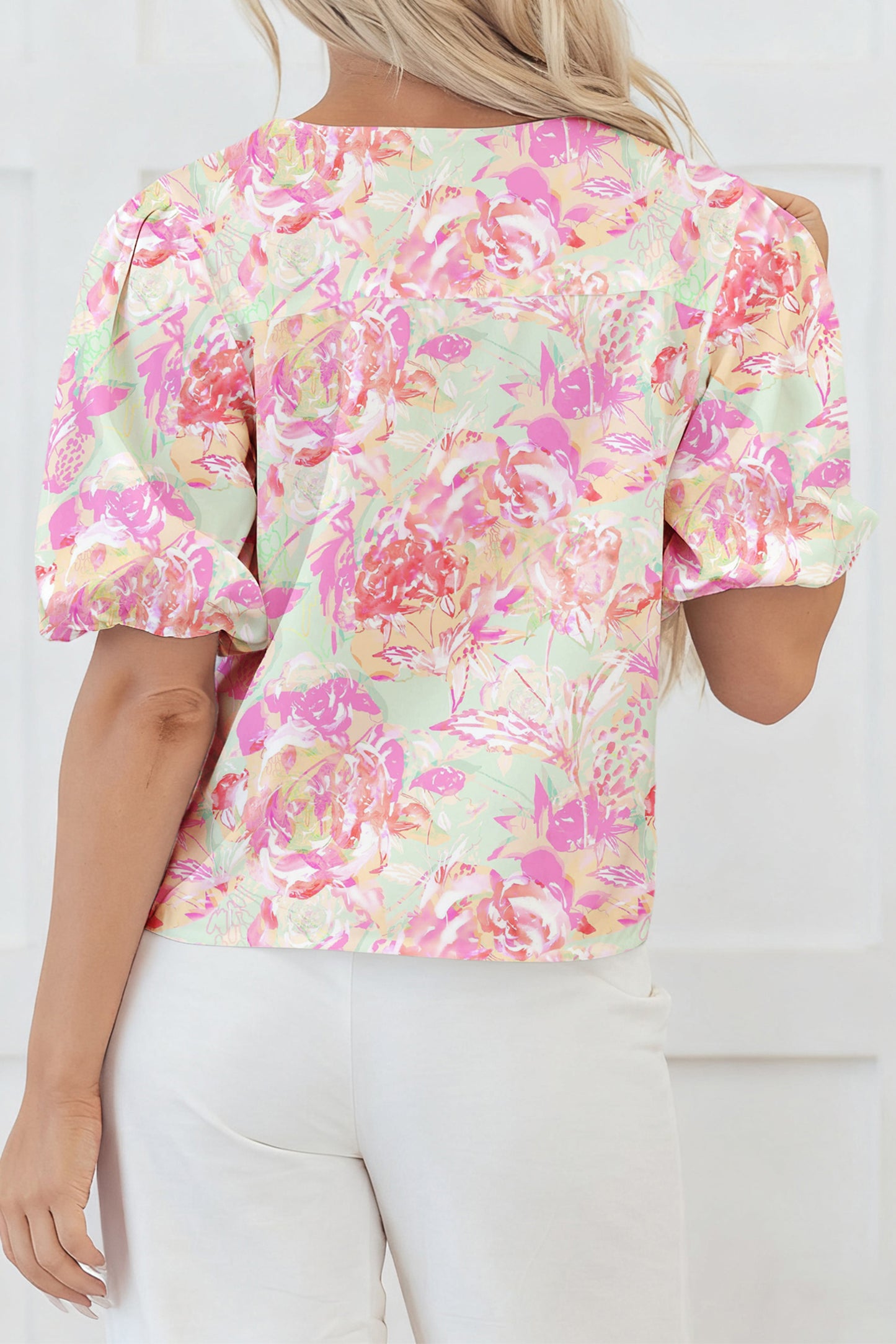 Pink Ribbon Knot Front Floral Short Puff Sleeve Blouse