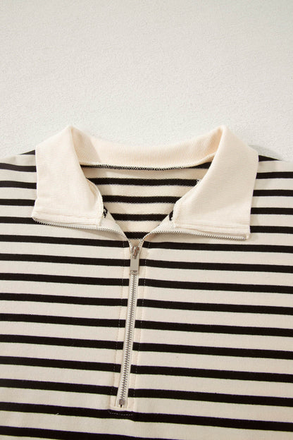 Black Stripe Ribbed Color Block Trim Zip Polo Tee Drawstring Shorts 2pcs Outfit