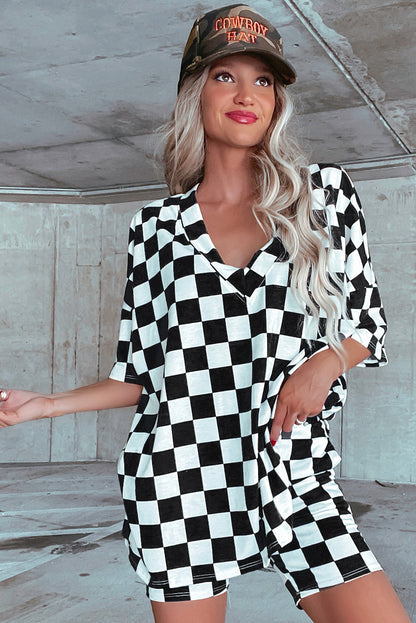 Black Checkerboard Print V Neck Loose Tee and Shorts Lounge Set