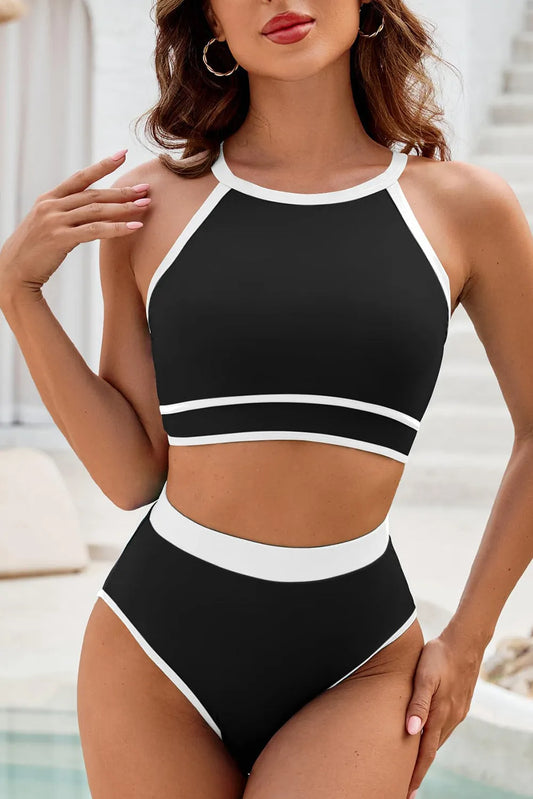 Black Contrast Trim Crisscross Back High Waisted Bikini - Chic Meadow Boutique 