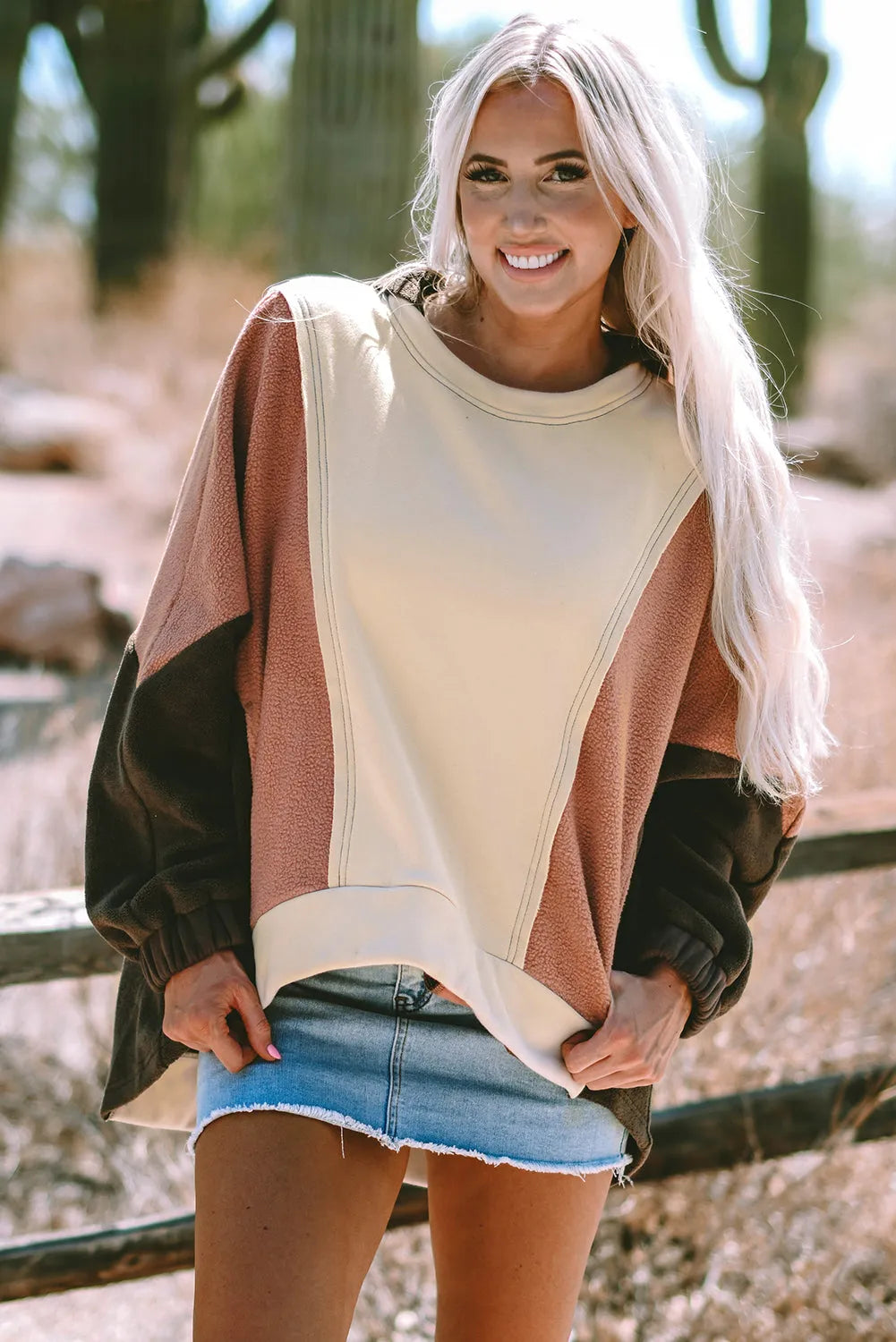 Beige Oversized Color Block Patchwork High Low Hoodie - Chic Meadow Boutique 