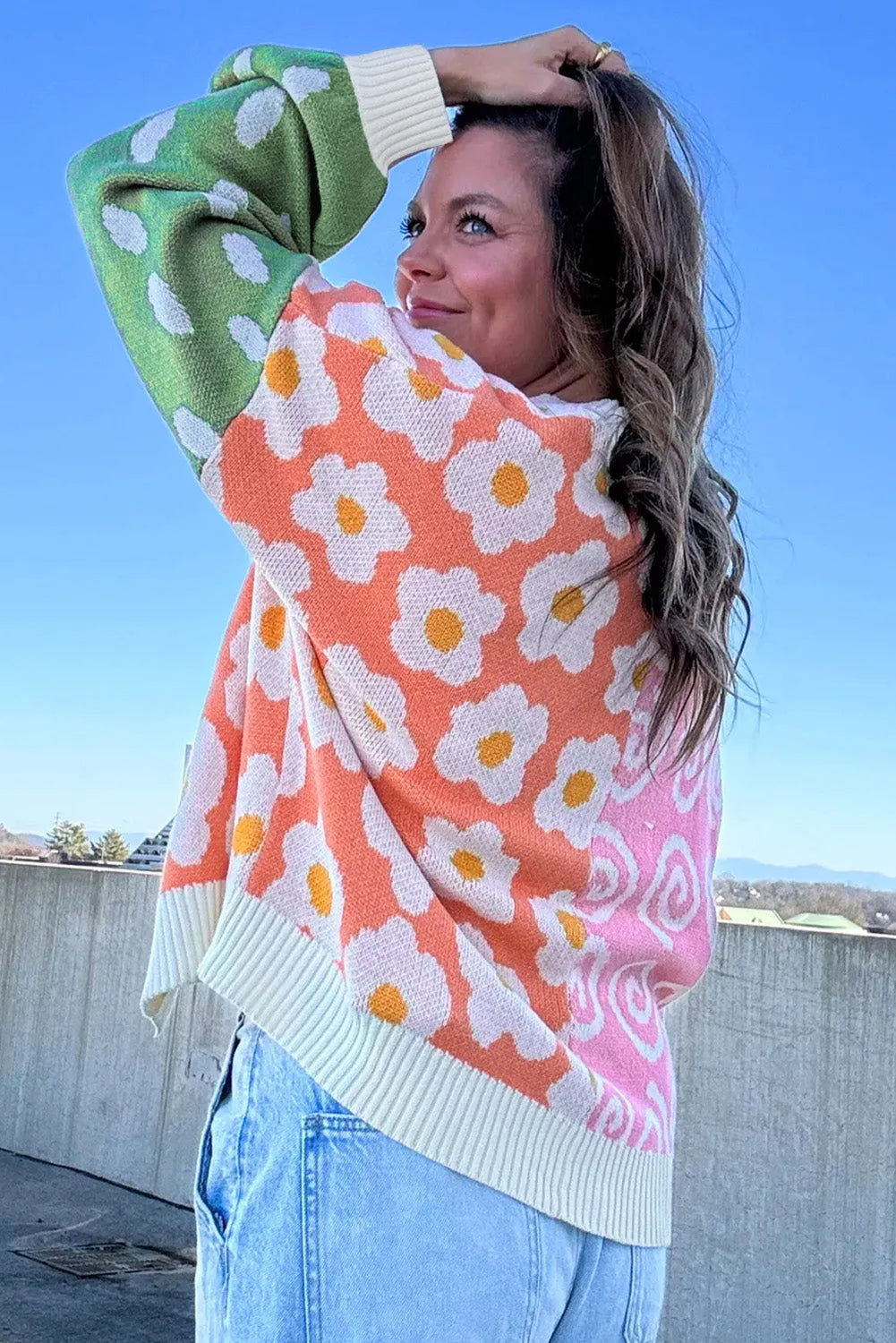 Orange Flower & Dotted Mixed Print Colorblock Open Front Cardigan - Chic Meadow Boutique 