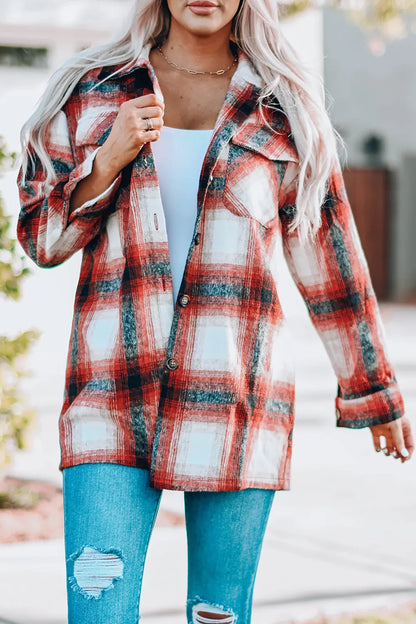 Red Turn down Neck Plaid Pocket Button Closure Coat - Chic Meadow Boutique 