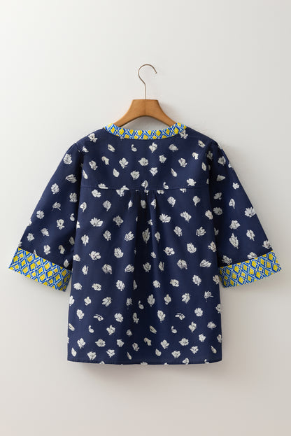Blue Floral Print Half Sleeve Contrast Trim V Neck Blouse