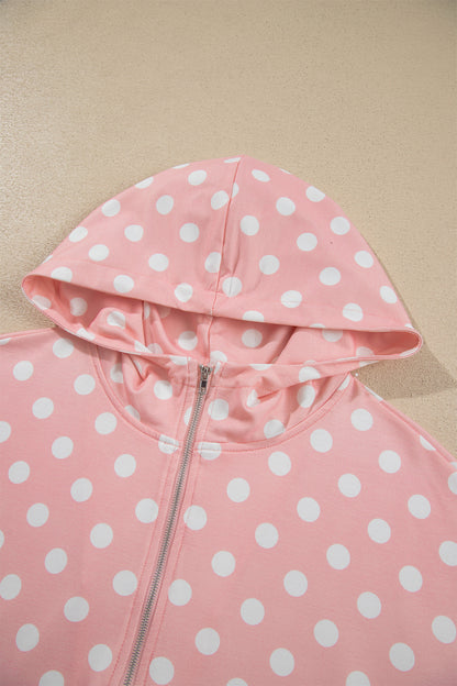 Pink Polka Dot Hooded Long Sleeve Top Casual Mini Skort Set