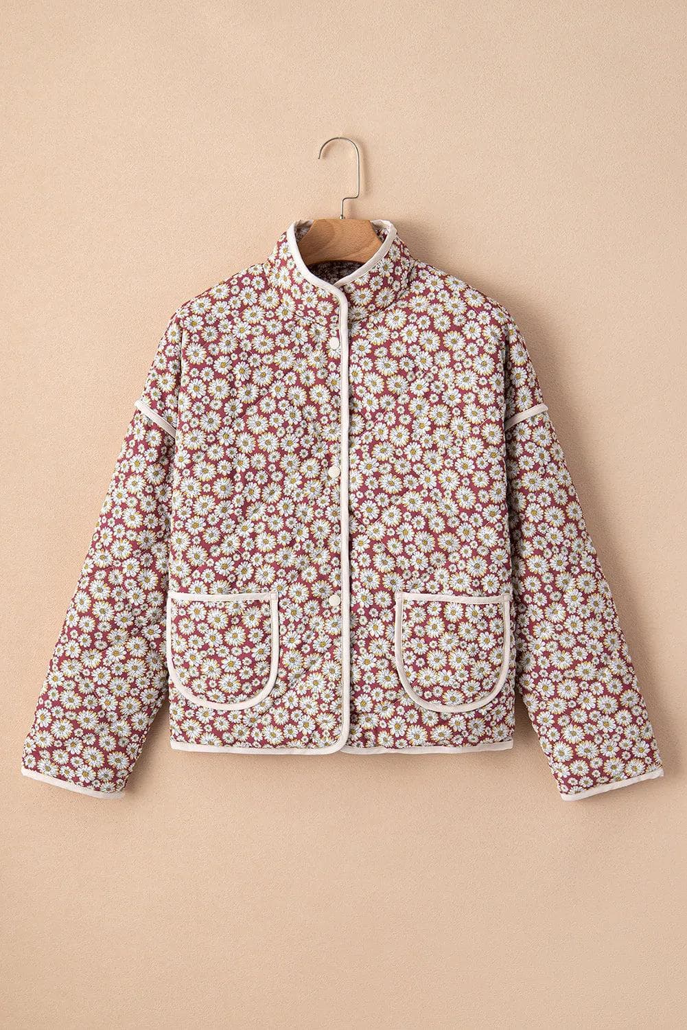 Outerwear/Coats Pink Floral Print Contrast Edge Stand Neck Coat