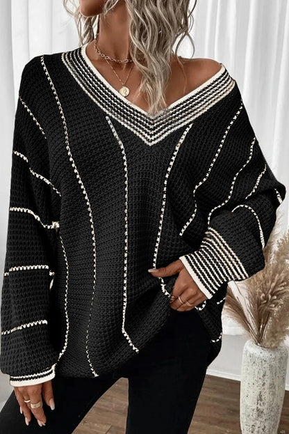 Black Colorblock Striped V Neck Knitted Loose Sweater - Chic Meadow Boutique 