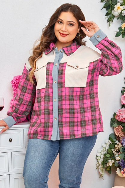 Red Plaid Print Waffle Knit Patchwork Plus Size Shirt - Chic Meadow Boutique 