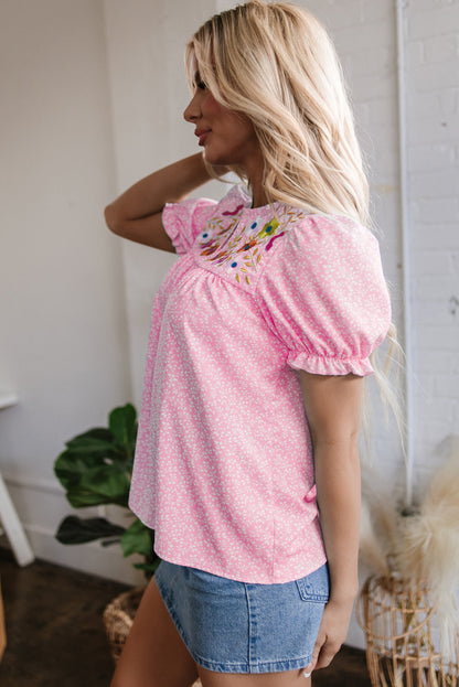 Pink Floral Embroidered Puff Sleeve Notched V Neck Blouse