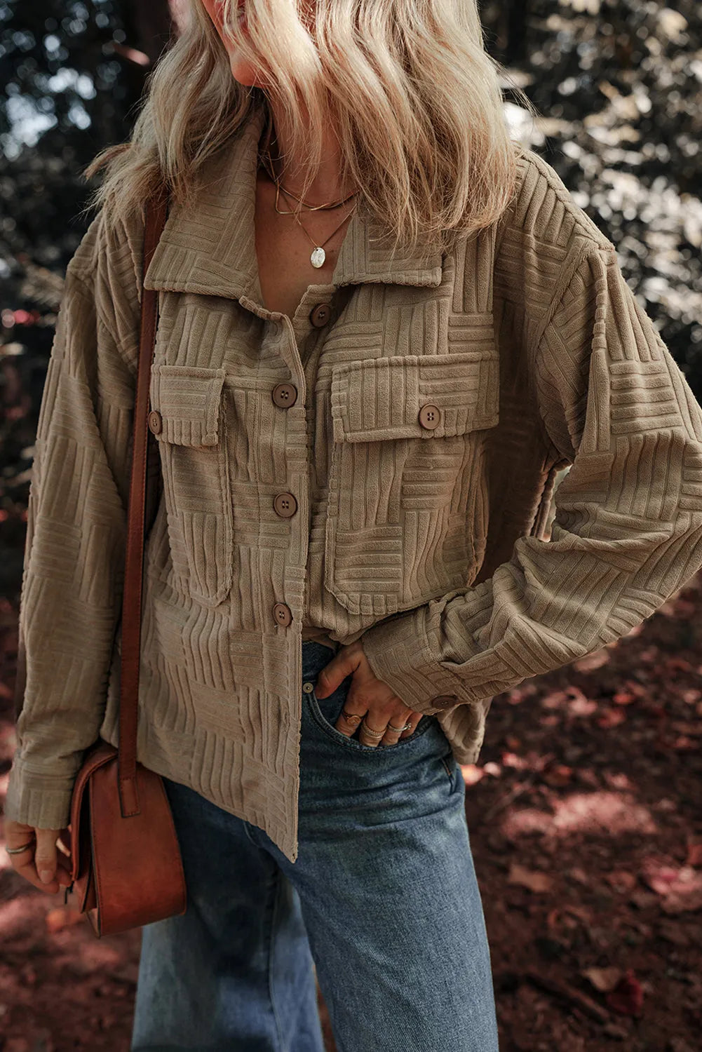 Dark Khaki Textured Chest Pocket Button-up Shacket - Chic Meadow Boutique 