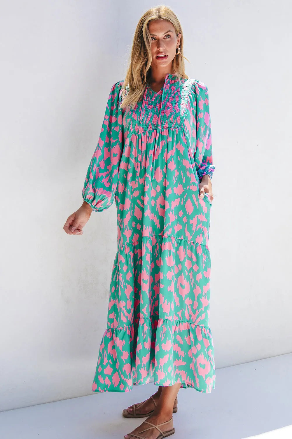 Green Abstract Print Puff Sleeve Tied Notched Neck Long Dress - Chic Meadow Boutique 