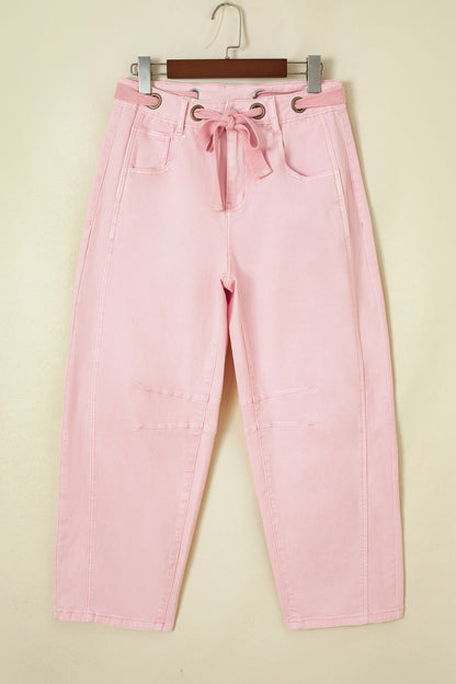 Light Pink Solid Color Grommet Detail Knot Waist Barrel Jeans
