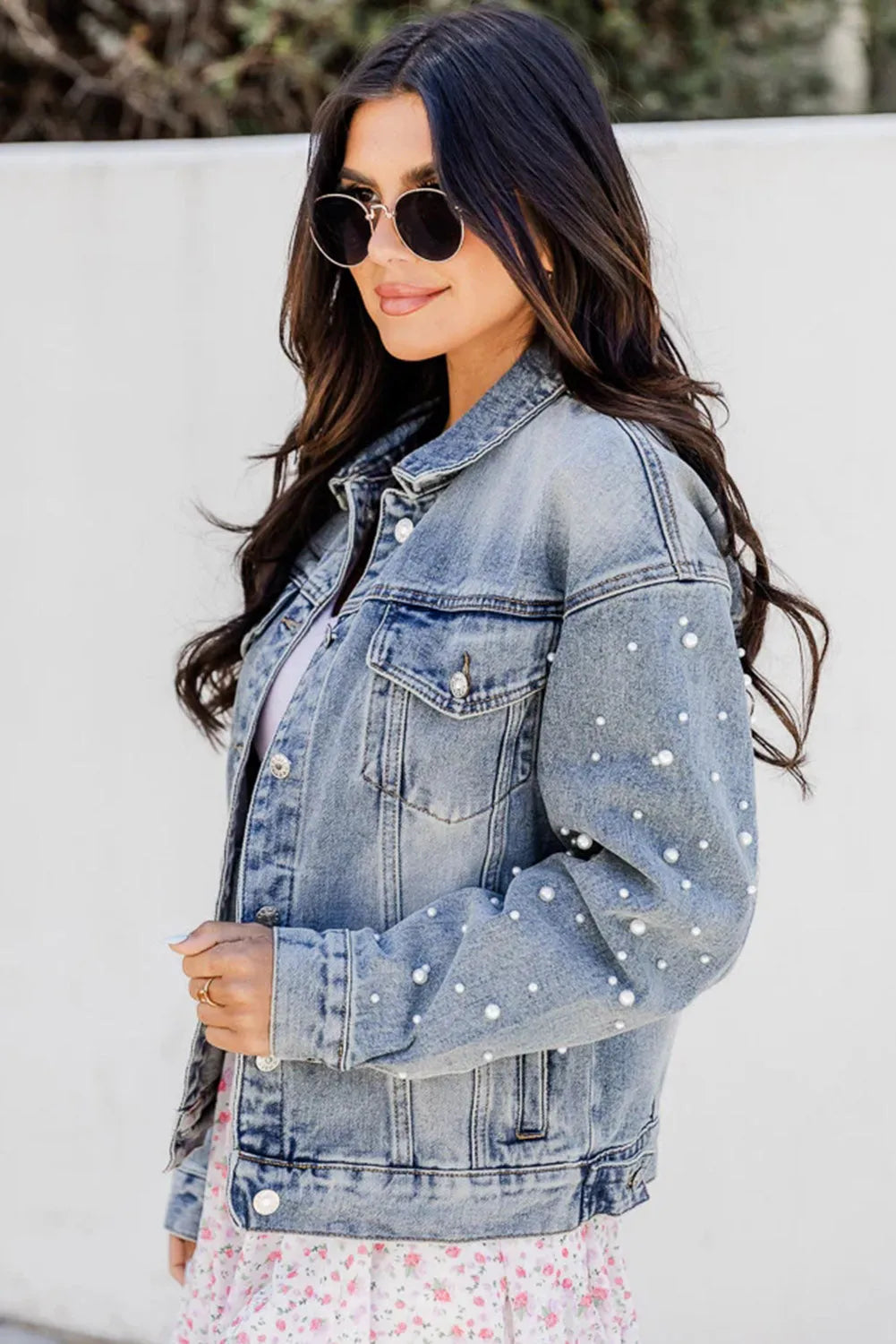 Sky Blue Pearl Beaded Chest Pockets Buttoned Denim Jacket - Chic Meadow Boutique 