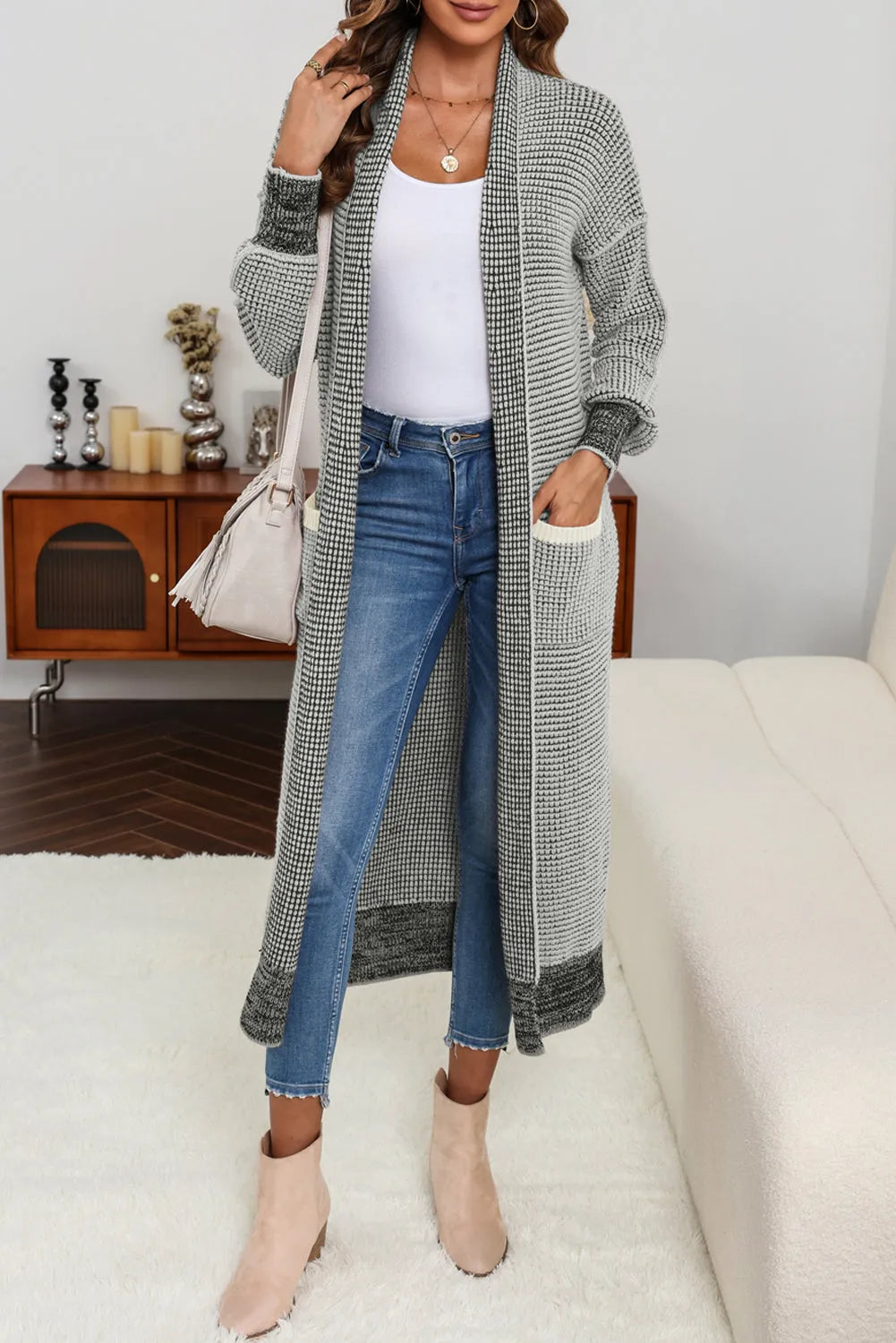 Gray Textured Knit Pocketed Duster Cardigan - Chic Meadow Boutique 