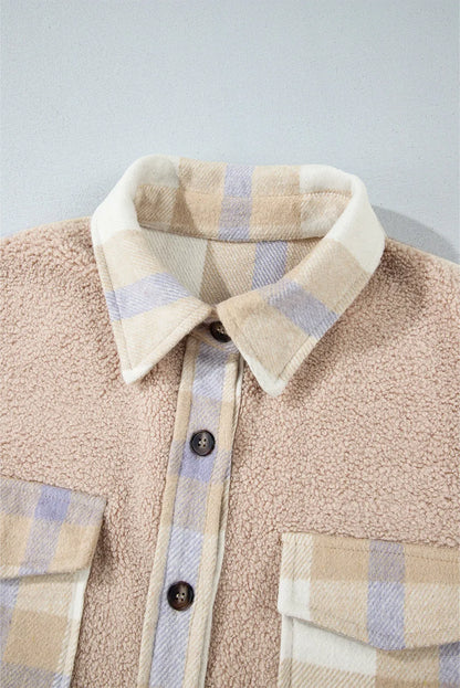 Smoke Gray Plaid Patchwork Collared Button-up Sherpa Long Coat - Chic Meadow Boutique 