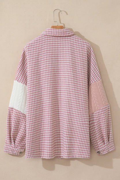 Pink Houndstooth Color Contrast Textured Patchwork Loose Shacket - Chic Meadow Boutique 