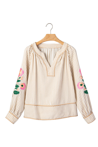 Khaki Stripe V Neck Floral Embroidered Long Sleeve Blouse