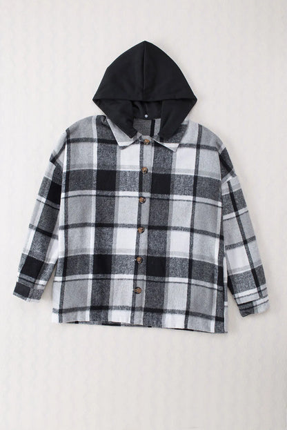 Gray Hooded Plaid Button Front Shacket - Chic Meadow Boutique 