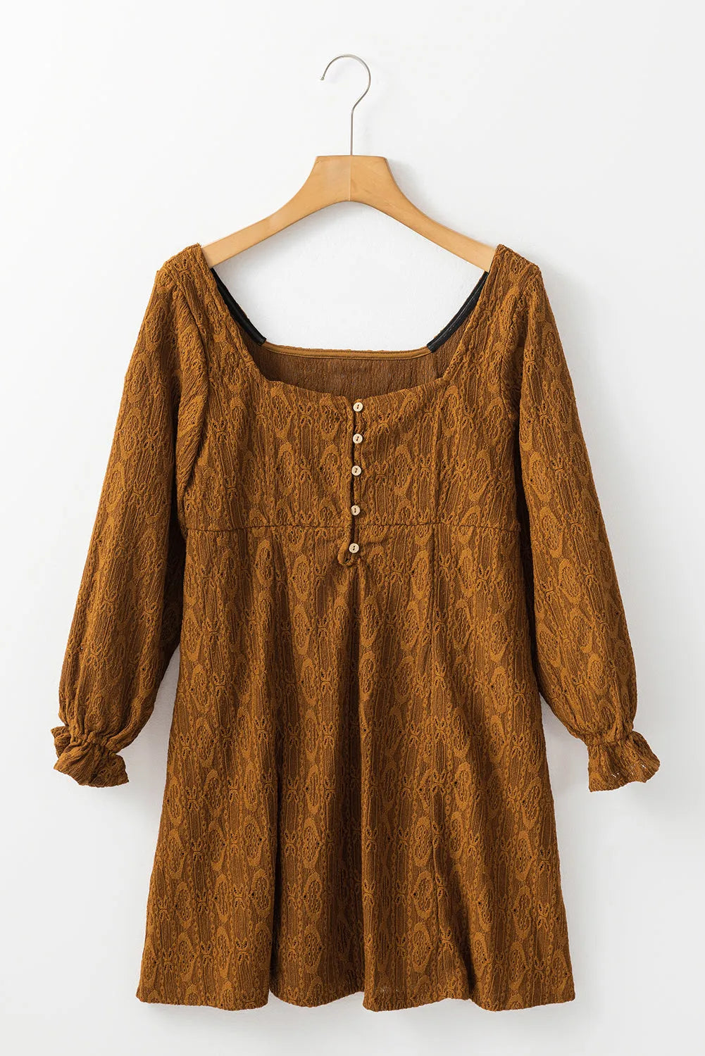 Chestnut Lace Crochet Buttoned Square Neck Shift Mini Dress - Chic Meadow Boutique 