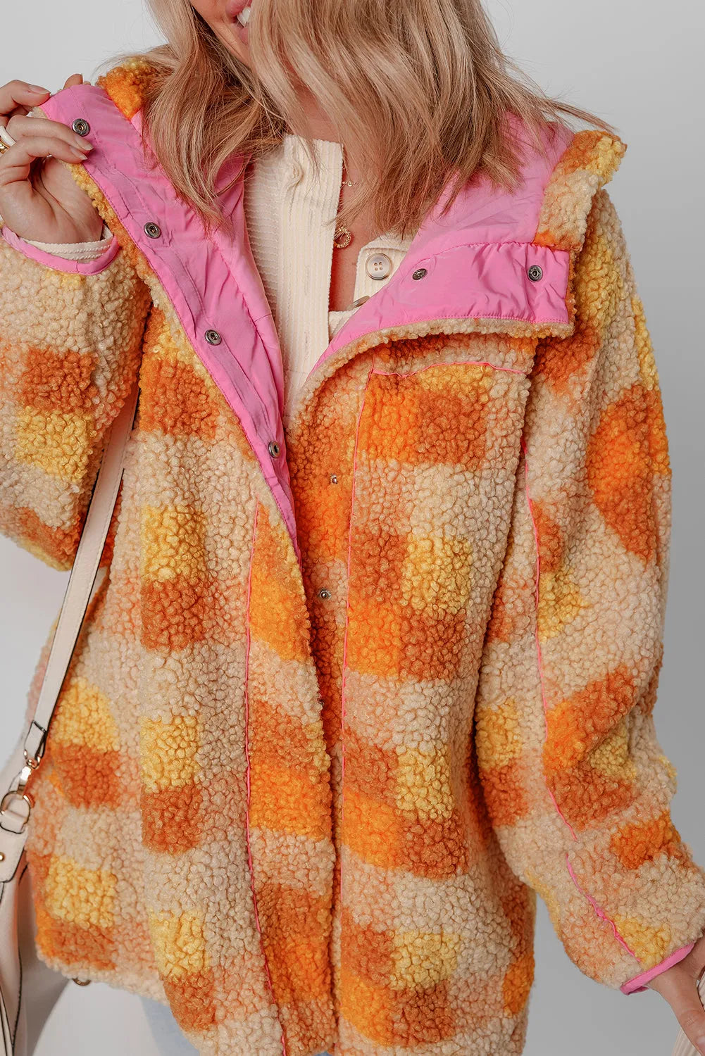 Orange Checkered Sherpa Hooded Jacket - Chic Meadow Boutique 