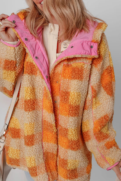 Orange Checkered Sherpa Hooded Jacket - Chic Meadow Boutique 