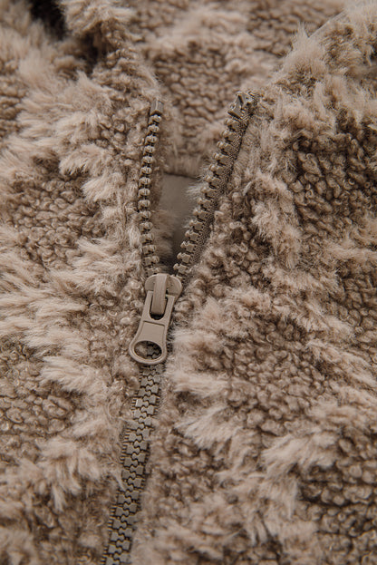 Chestnut Sherpa Rhombus Zip Up Side Pocket Hooded Jacket