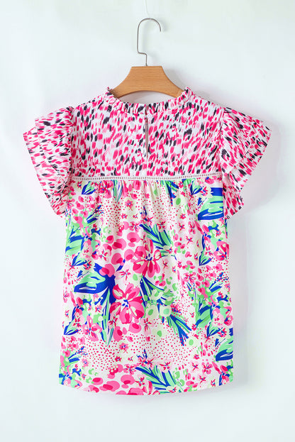 Pink Floral Mixed Print Ruffle Cap Sleeve Blouse