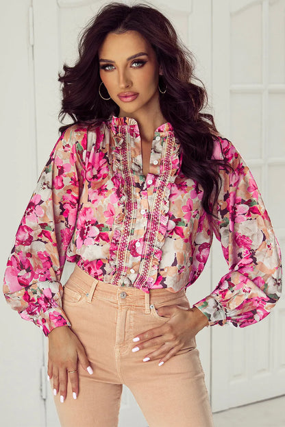 Red Floral Print Ruffled Stitch Buttoned Loose Fit Shirt - Chic Meadow Boutique 