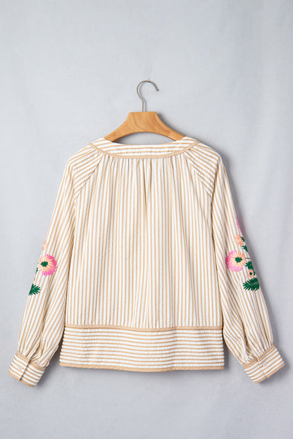 Khaki Stripe V Neck Floral Embroidered Long Sleeve Blouse