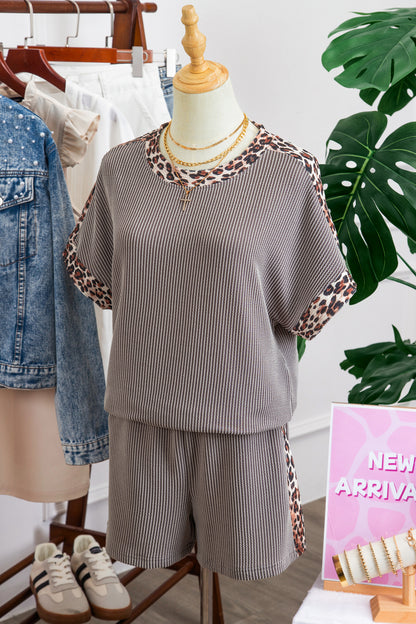 Light Grey Leopard Trim Twist Ribbed Short Set