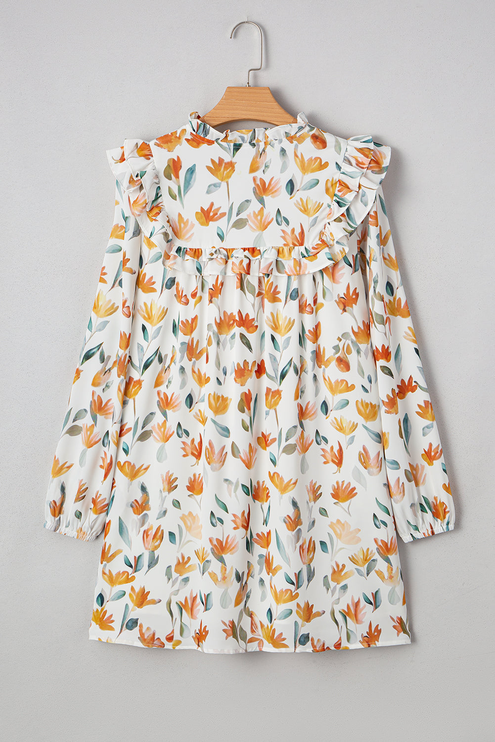 Yellow Floral Print Tie Neck Frilled Detail Long Sleeve Mini Dress