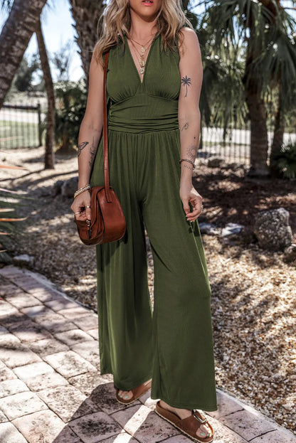 Moss Green Sleeveless V Neck Ruched Wide Leg Jumpsuit - Chic Meadow Boutique 