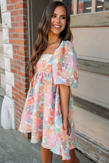 Pink Summer Floral Square Neck Puff Sleeve Babydoll Dress - Chic Meadow Boutique 