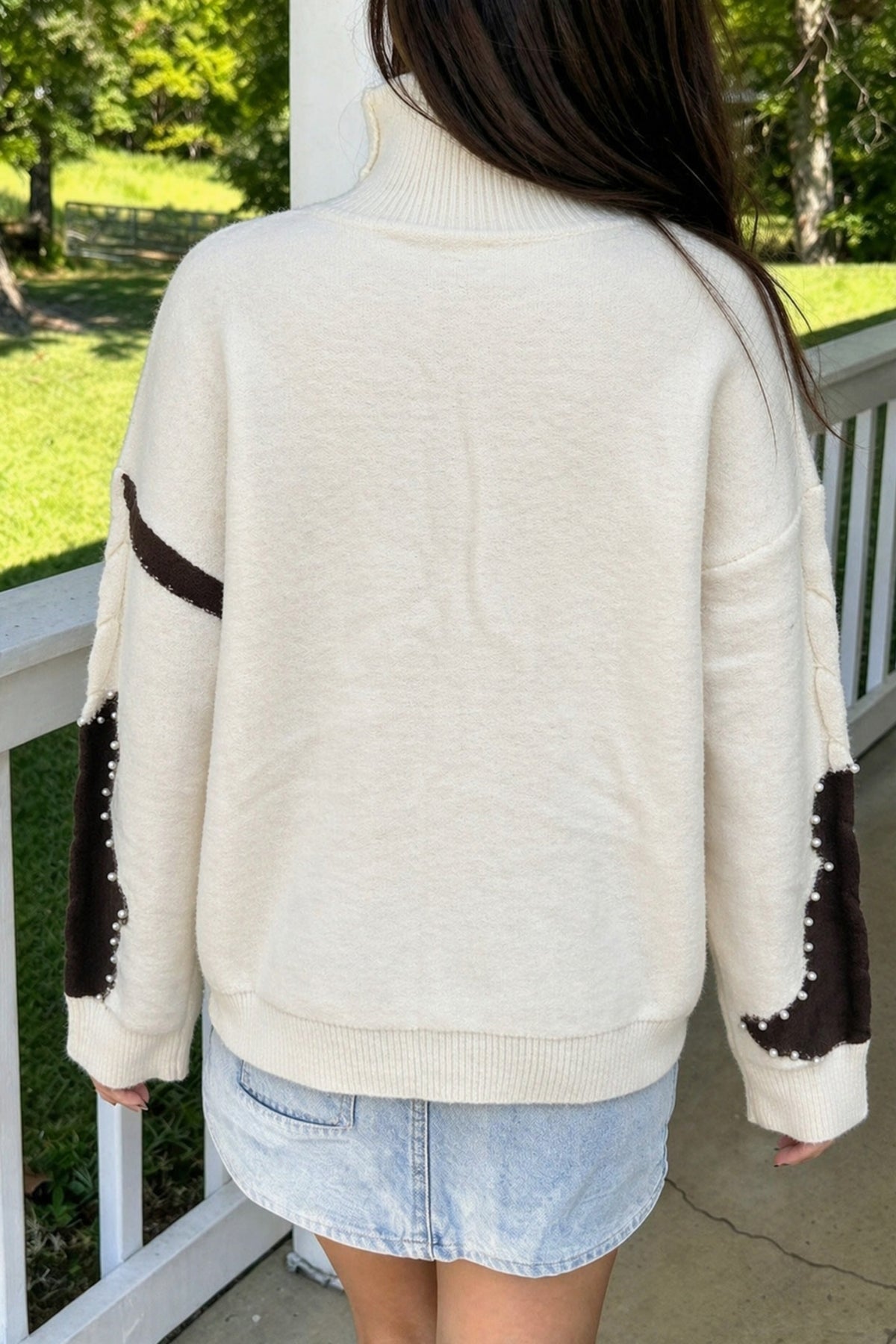 Beige Cable Detail Knit Beaded Western Spots Mock Neck Sweater