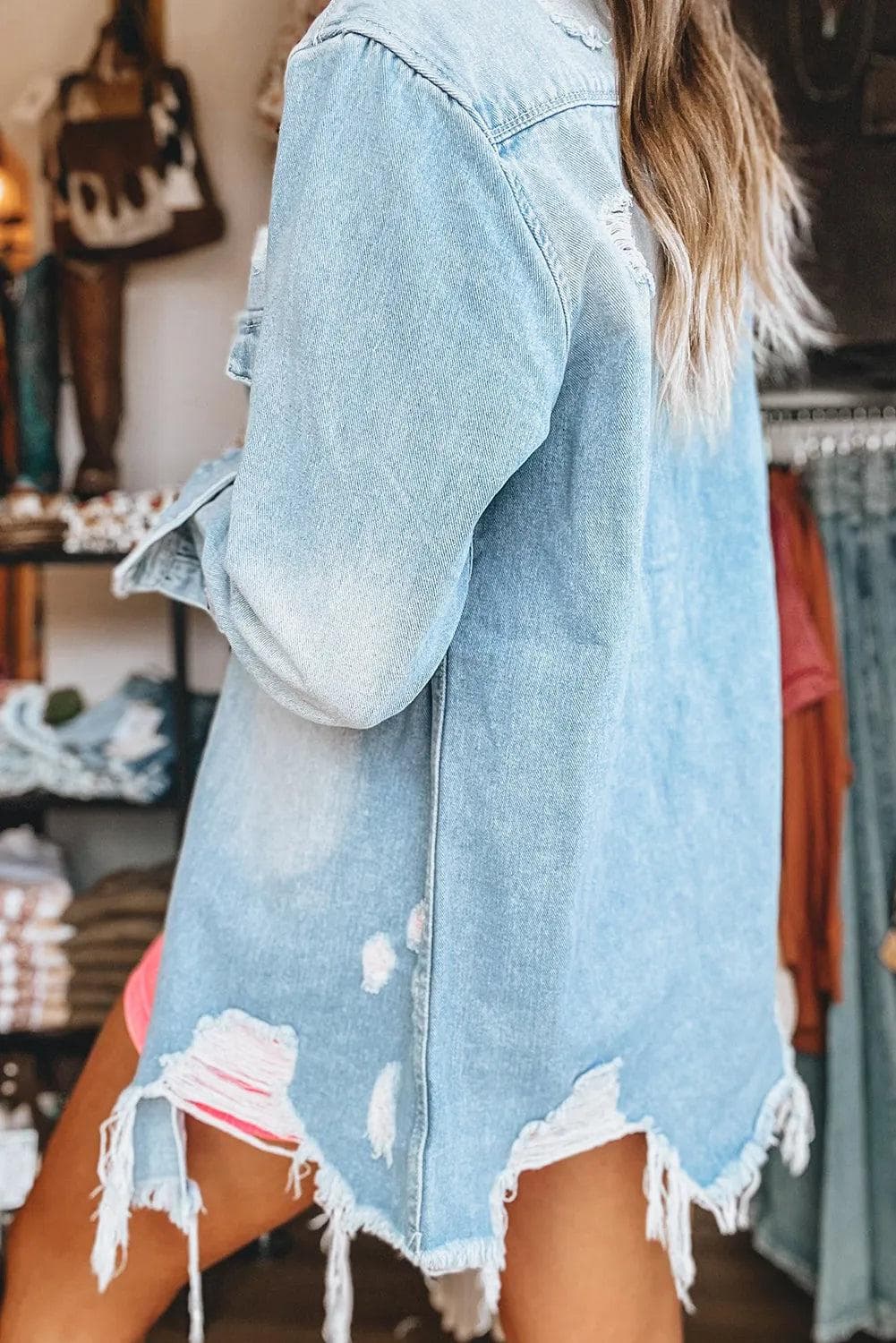 Distressed light wash denim jacket shop