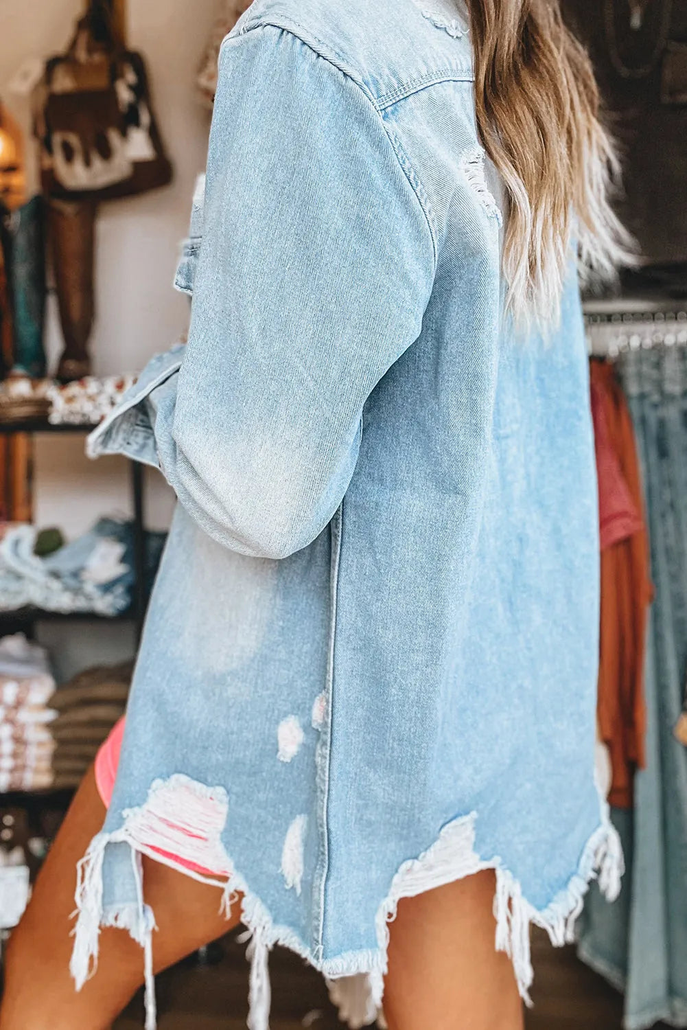 Beau Blue Light Wash Distressed Frayed Long Denim Jacket - Chic Meadow Boutique 