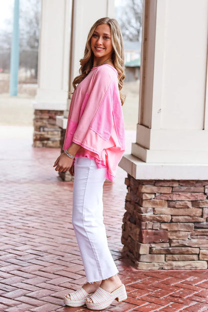 Pink Color Block Patchwork 3/4 Sleeve Loose Top - Chic Meadow Boutique 