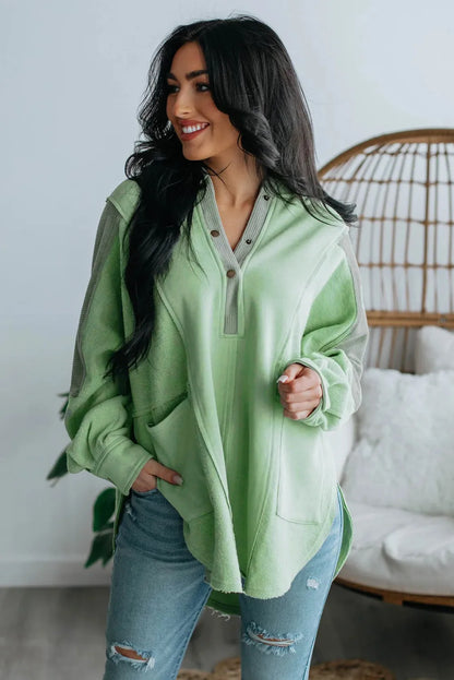 Green Color Block Exposed Seam Buttoned Neckline Hoodie - Chic Meadow Boutique 