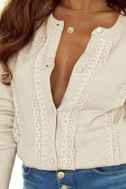 Apricot Lace Trim Ribbed Round Neck Button Up Cardigan - Chic Meadow Boutique 