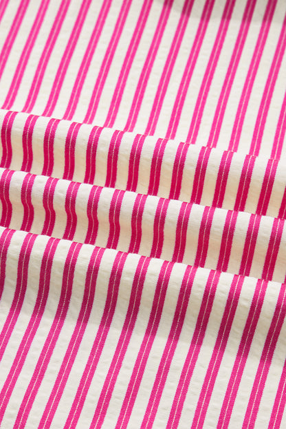 Rose Stripe Shirred Yoke Ruffled Short Sleeve Blouse
