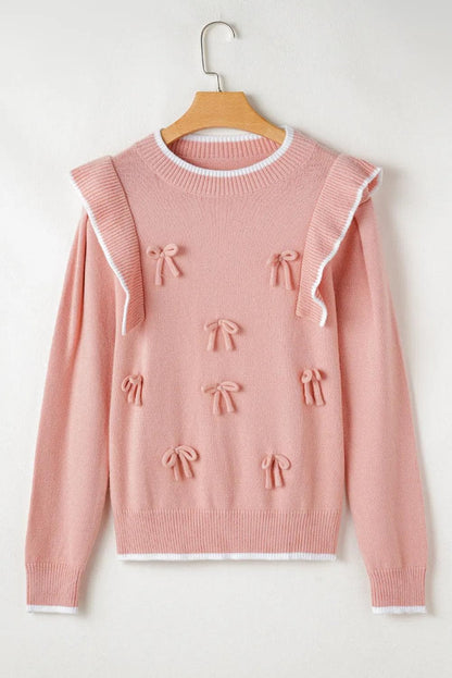 Sweaters & Cardigans/Sweaters Light Pink Ruffled Bowknot Ribbed Trim Long Sleeve Sweater