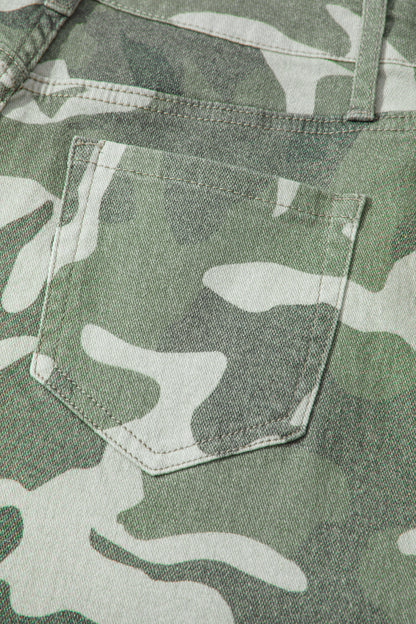 Green Camo Print Button Fly Straight Leg Ankle Length Jeans